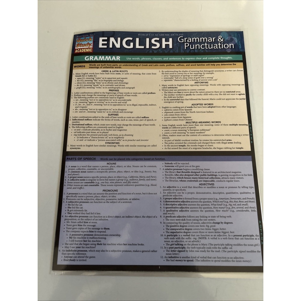 QuickStudy English: Grammar & Punctuation Laminated Study Guide
